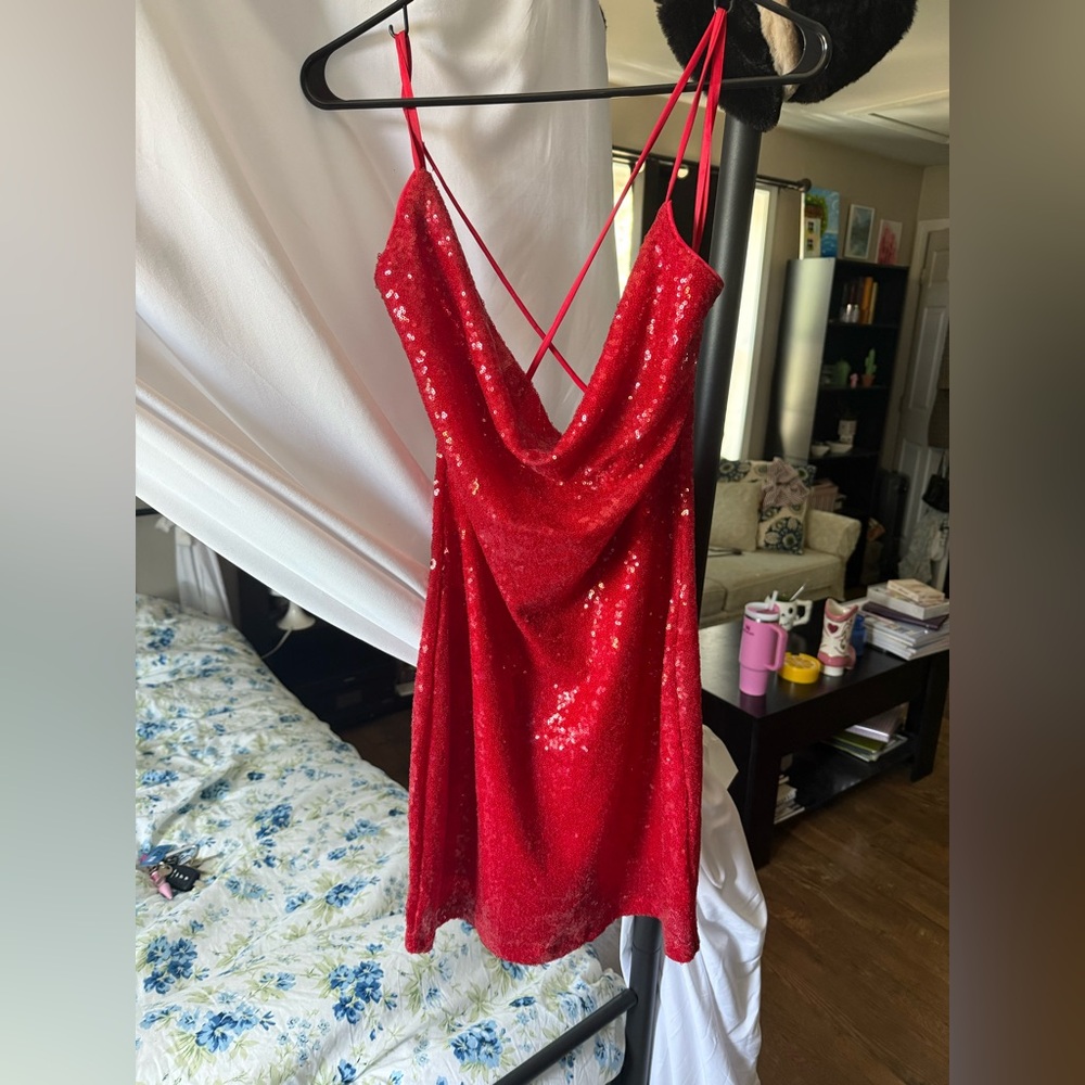Red Sequin Cowl Neck Dress with Open Back